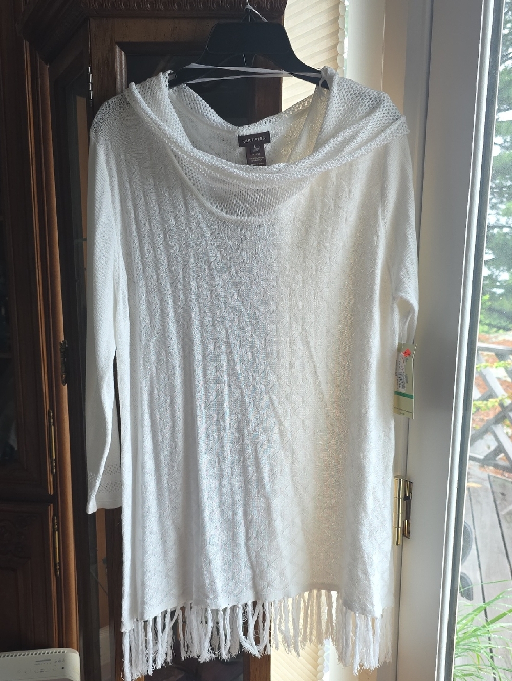 Multiples White Knit Cowl Neck Fringe Tunic Sweater